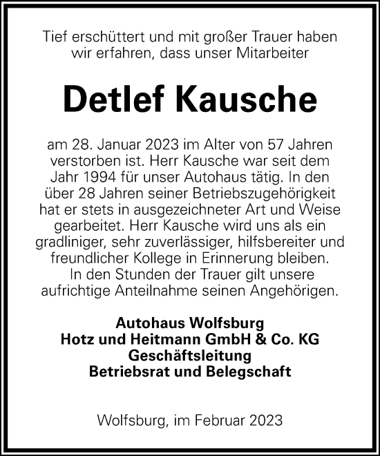 Traueranzeige von Detlef Kausche von Wolfsburger Nachrichten