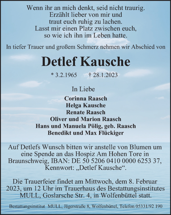 Traueranzeige von Detlef Kausche von Wolfsburger Nachrichten, Wolfenbütteler Zeitung
