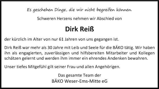 Traueranzeige von Dirk Reiß von Wolfenbütteler Zeitung