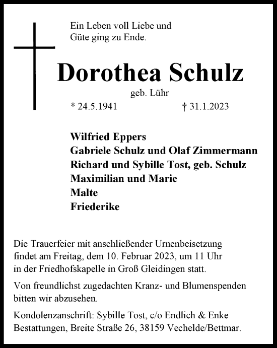 Traueranzeige von Dorothea Schulz von Braunschweiger Zeitung