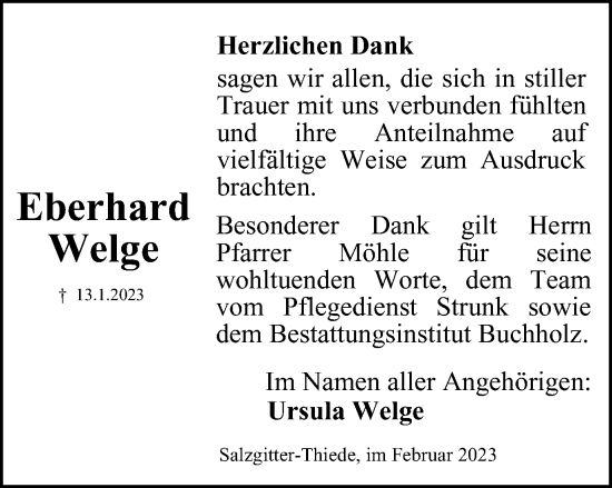 Traueranzeige von Eberhard Welge von Salzgitter-Zeitung