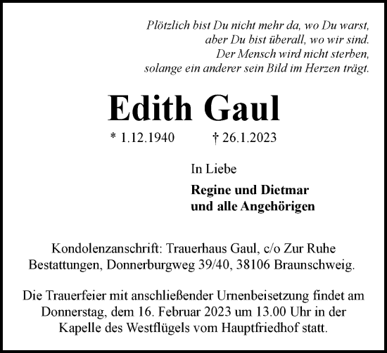 Traueranzeige von Edith Gaul von Braunschweiger Zeitung