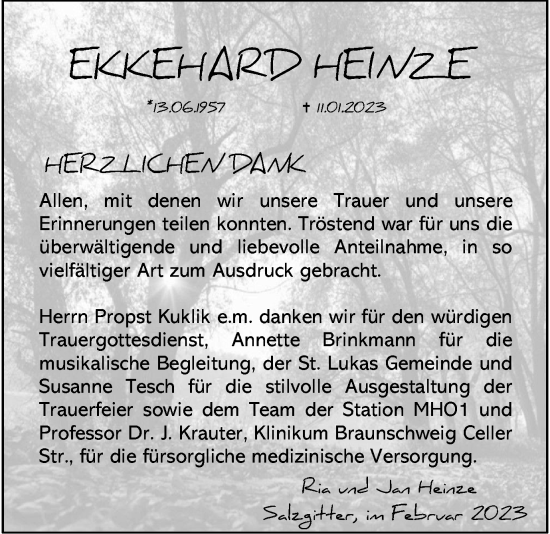 Traueranzeige von Ekkehard Heinze von Braunschweiger Zeitung, Salzgitter-Zeitung