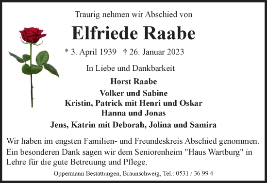 Traueranzeige von Elfriede Raabe von Braunschweiger Zeitung