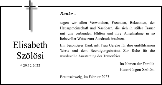 Traueranzeige von Elisabeth Szölösi von Braunschweiger Zeitung