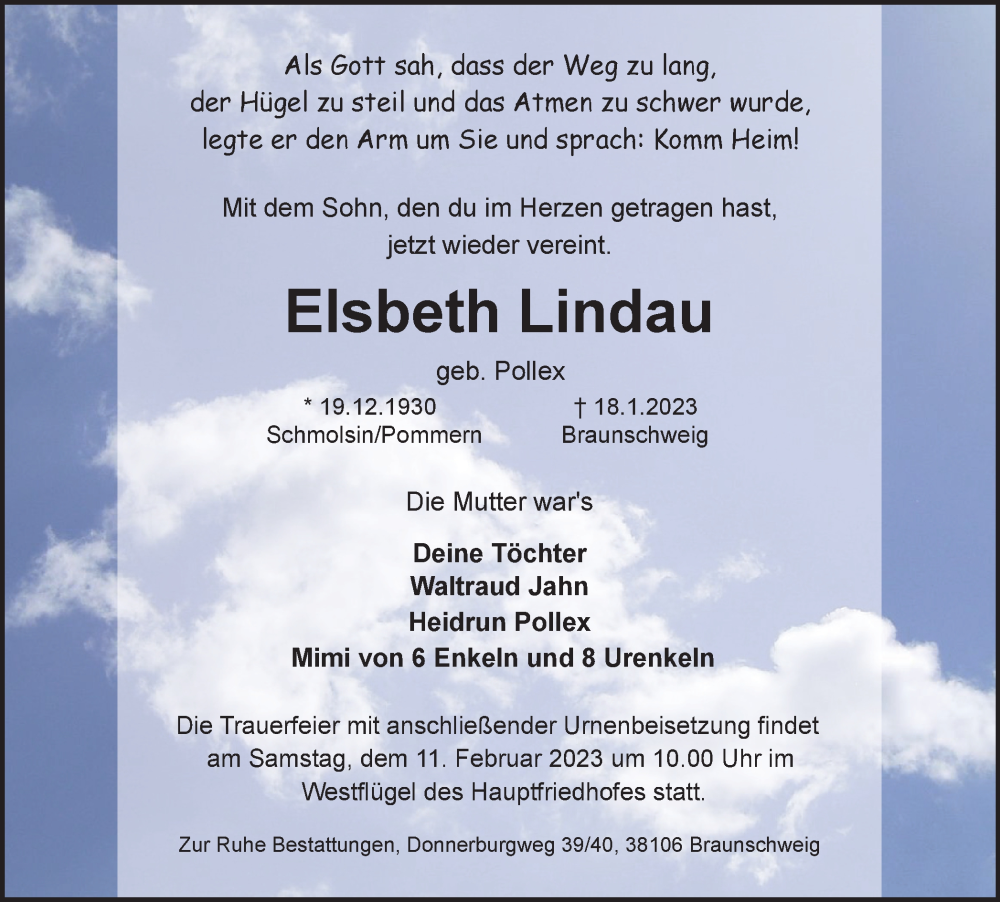  Traueranzeige für Elsbeth Lindau vom 03.02.2023 aus Braunschweiger Zeitung