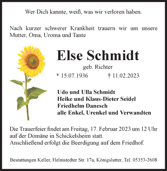 Traueranzeige von Else Schmidt von Helmstedter Nachrichten