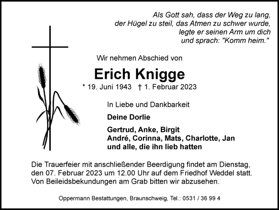 Traueranzeige von Erich Knigge von Braunschweiger Zeitung