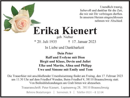 Traueranzeige von Erika Kienert von Braunschweiger Zeitung