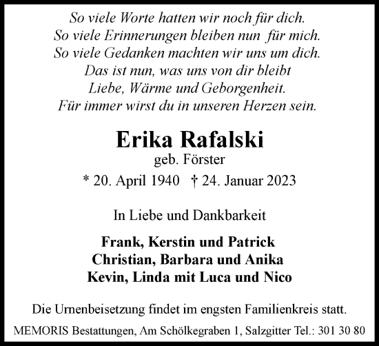 Traueranzeige von Erika Rafalski von Salzgitter-Zeitung
