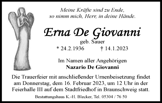 Traueranzeige von Erna De Giovanni von Neue Braunschweiger am Samstag
