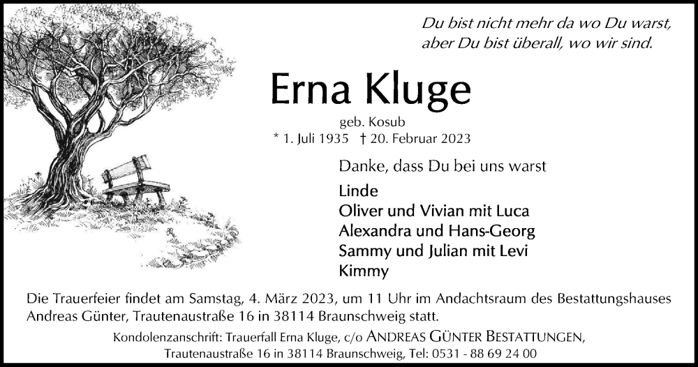  Traueranzeige für Erna Kluge vom 25.02.2023 aus Braunschweiger Zeitung