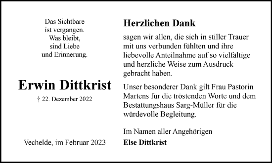 Traueranzeige von Erwin Dittkrist von Braunschweiger Zeitung