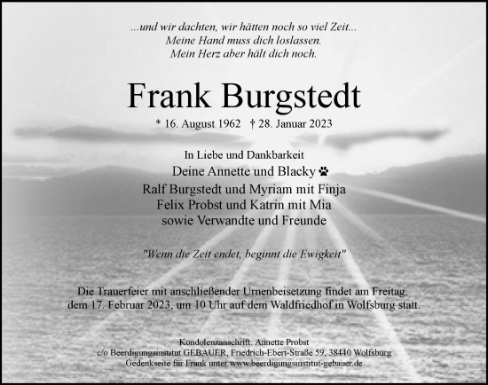 Traueranzeige von Frank Burgstedt von Wolfsburger Nachrichten