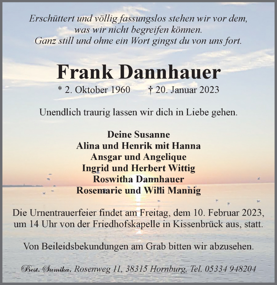  Traueranzeige für Frank Dannhauer vom 04.02.2023 aus Braunschweiger Zeitung