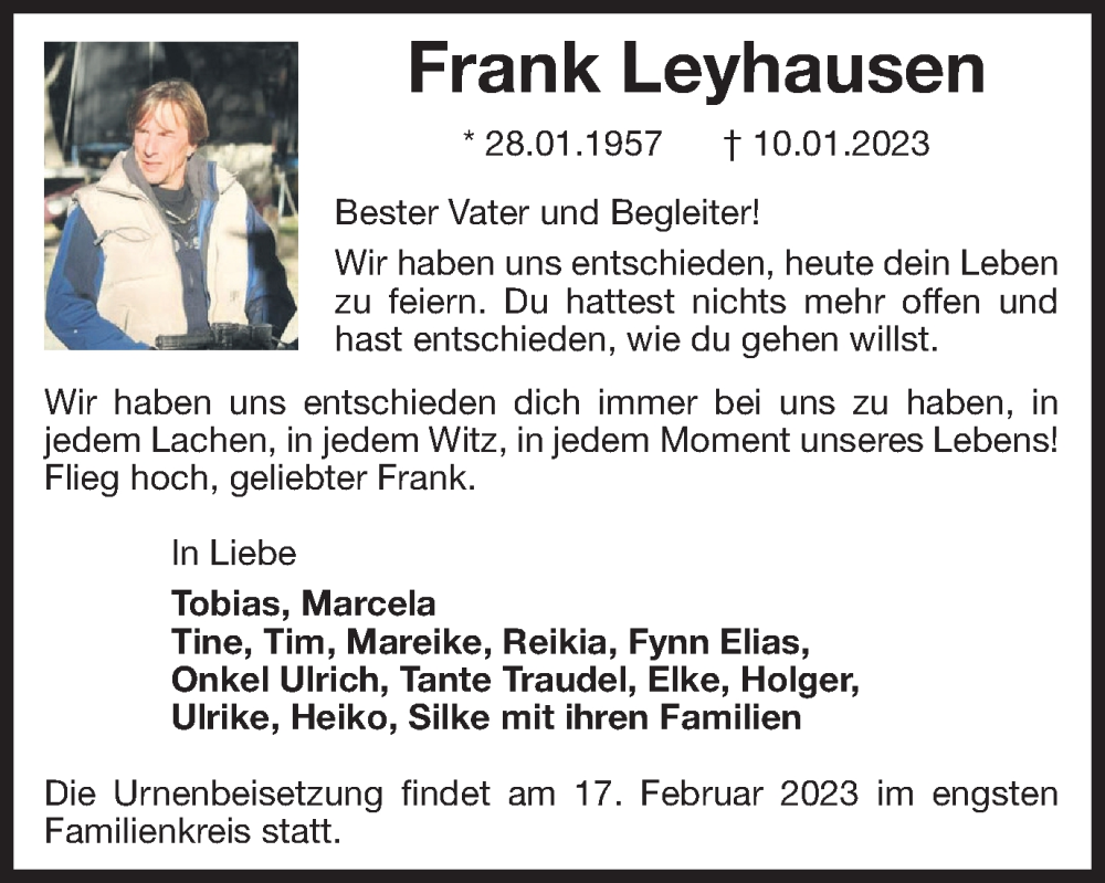  Traueranzeige für Frank Leyhausen vom 17.02.2023 aus Braunschweiger Zeitung