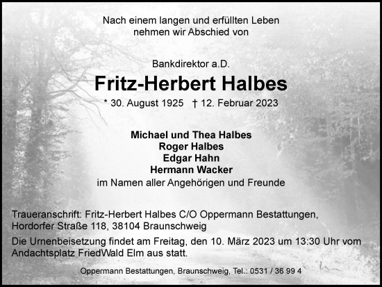 Traueranzeige von Fritz-Herbert Halbes von Braunschweiger Zeitung