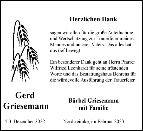 Traueranzeige von Gerd Griesemann von Wolfsburger Nachrichten