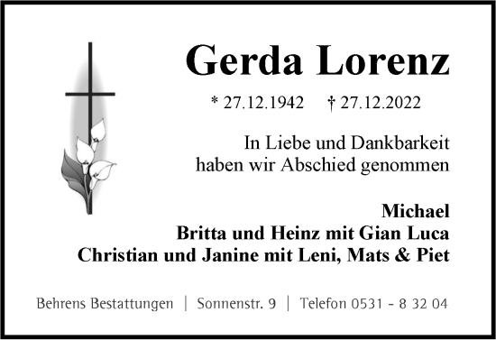 Traueranzeige von Gerda Lorenz von Braunschweiger Zeitung