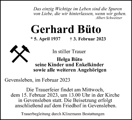Traueranzeige von Gerhard Büto von Helmstedter Nachrichten