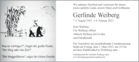 Traueranzeige von Gerlinde Weiberg von Wolfsburger Nachrichten