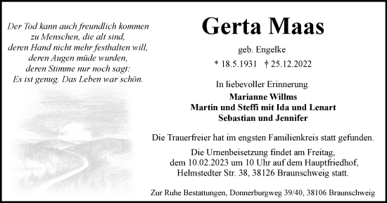 Traueranzeige von Gerta Maas von Braunschweiger Zeitung