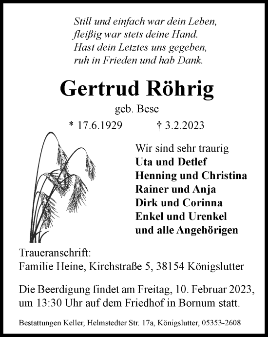 Traueranzeige von Gertrud Röhrig von Helmstedter Nachrichten