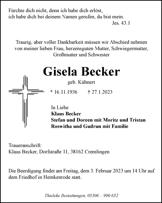 Traueranzeige von Gisela Becker von Braunschweiger Zeitung