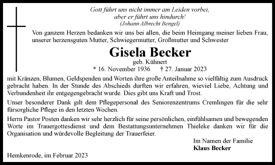 Traueranzeige von Gisela Becker von Wolfenbütteler Zeitung