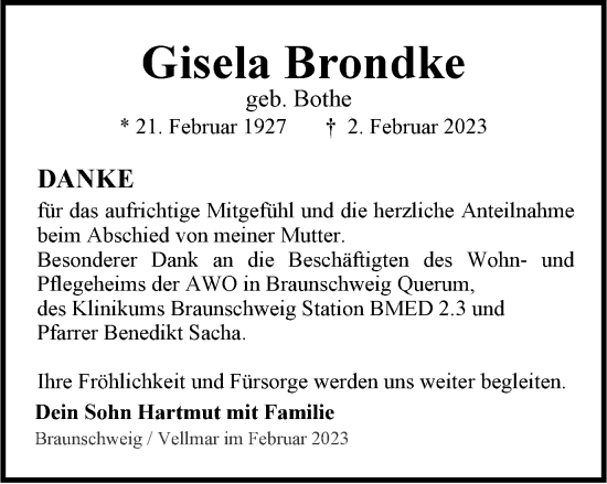 Traueranzeige von Gisela Brondke von Braunschweiger Zeitung