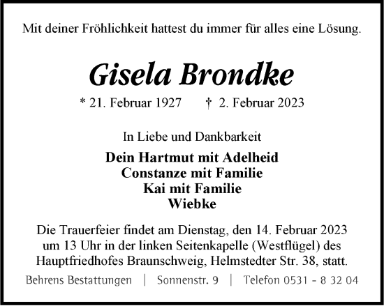 Traueranzeige von Gisela Brondke von Braunschweiger Zeitung