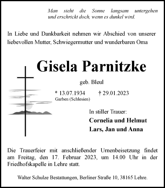 Traueranzeige von Gisela Parnitzke von Helmstedter Nachrichten