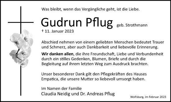 Traueranzeige von Gudrun Pflug von Wolfsburger Nachrichten