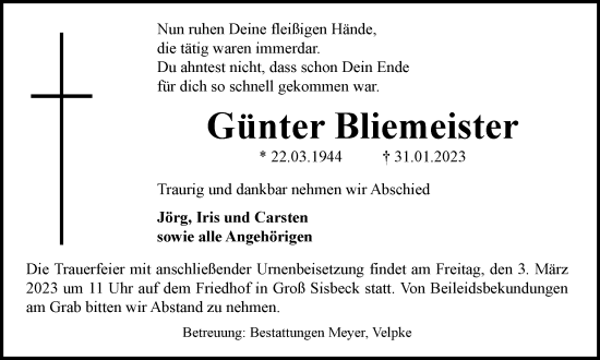Traueranzeige von Günter Bliemeister von Helmstedter Nachrichten