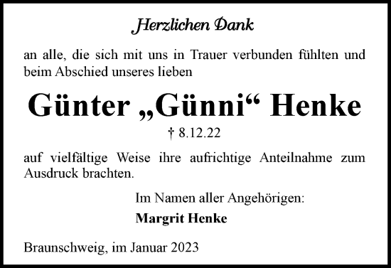 Traueranzeige von Günter Henke von Braunschweiger Zeitung