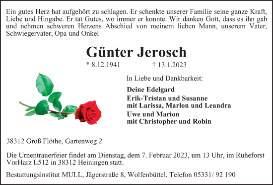 Traueranzeige von Günter Jerosch von Salzgitter-Zeitung