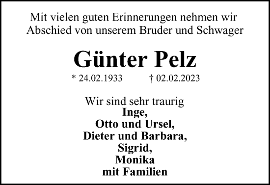 Traueranzeige von Günter Pelz von Braunschweiger Zeitung