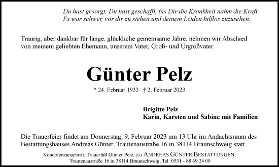 Traueranzeige von Günter Pelz von Braunschweiger Zeitung