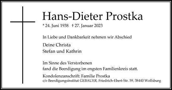 Traueranzeige von Hans-Dieter Prostka von Wolfsburger Nachrichten