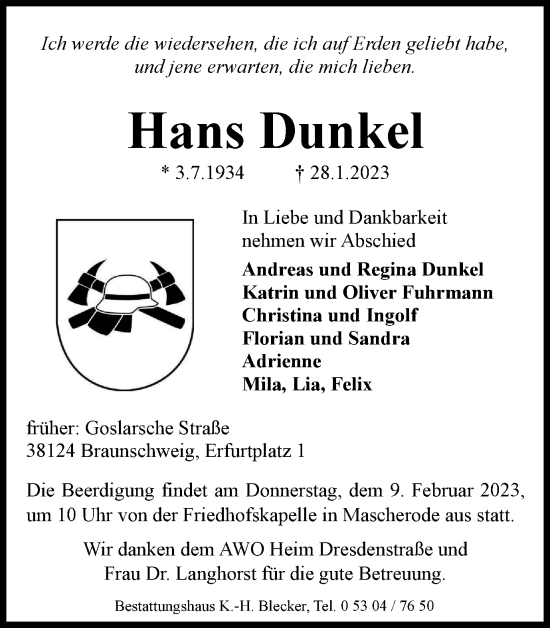 Traueranzeige von Hans Dunkel von Braunschweiger Zeitung