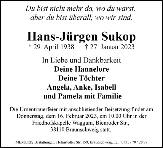 Traueranzeige von Hans-Jürgen Sukop von Braunschweiger Zeitung
