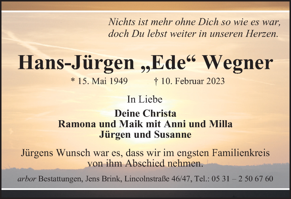  Traueranzeige für Hans-Jürgen Wegner vom 18.02.2023 aus Braunschweiger Zeitung