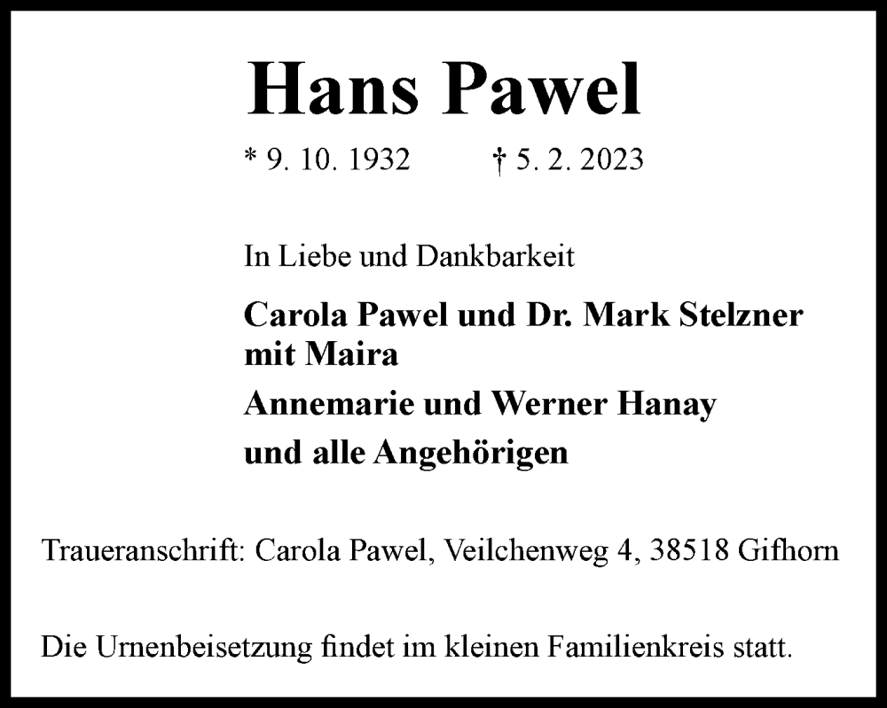  Traueranzeige für Hans Pawel vom 20.02.2023 aus Wolfsburger Nachrichten
