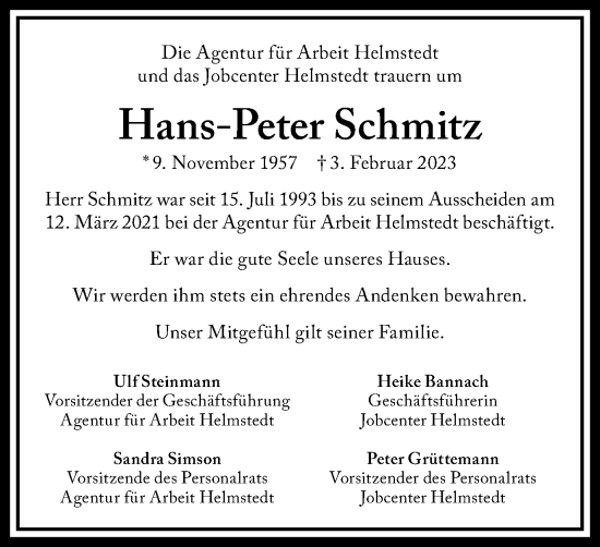 Traueranzeige von Hans-Peter Schmitz von Helmstedter Nachrichten