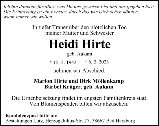 Traueranzeige von Heidi Hirte von Braunschweiger Zeitung