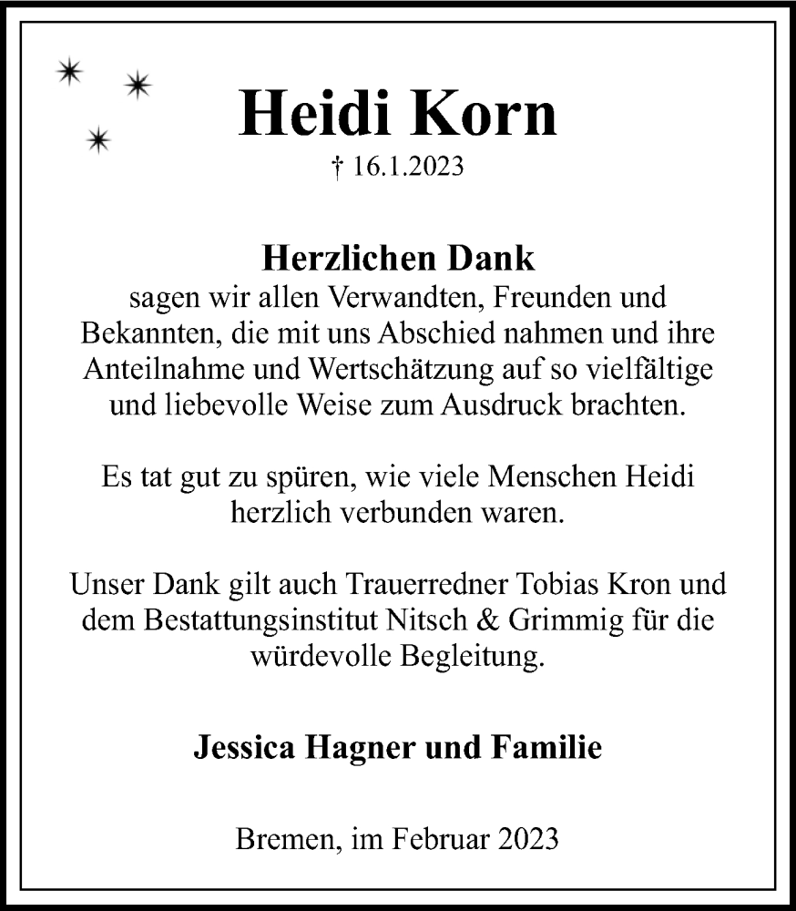  Traueranzeige für Heidi Korn vom 18.02.2023 aus Wolfenbütteler Zeitung
