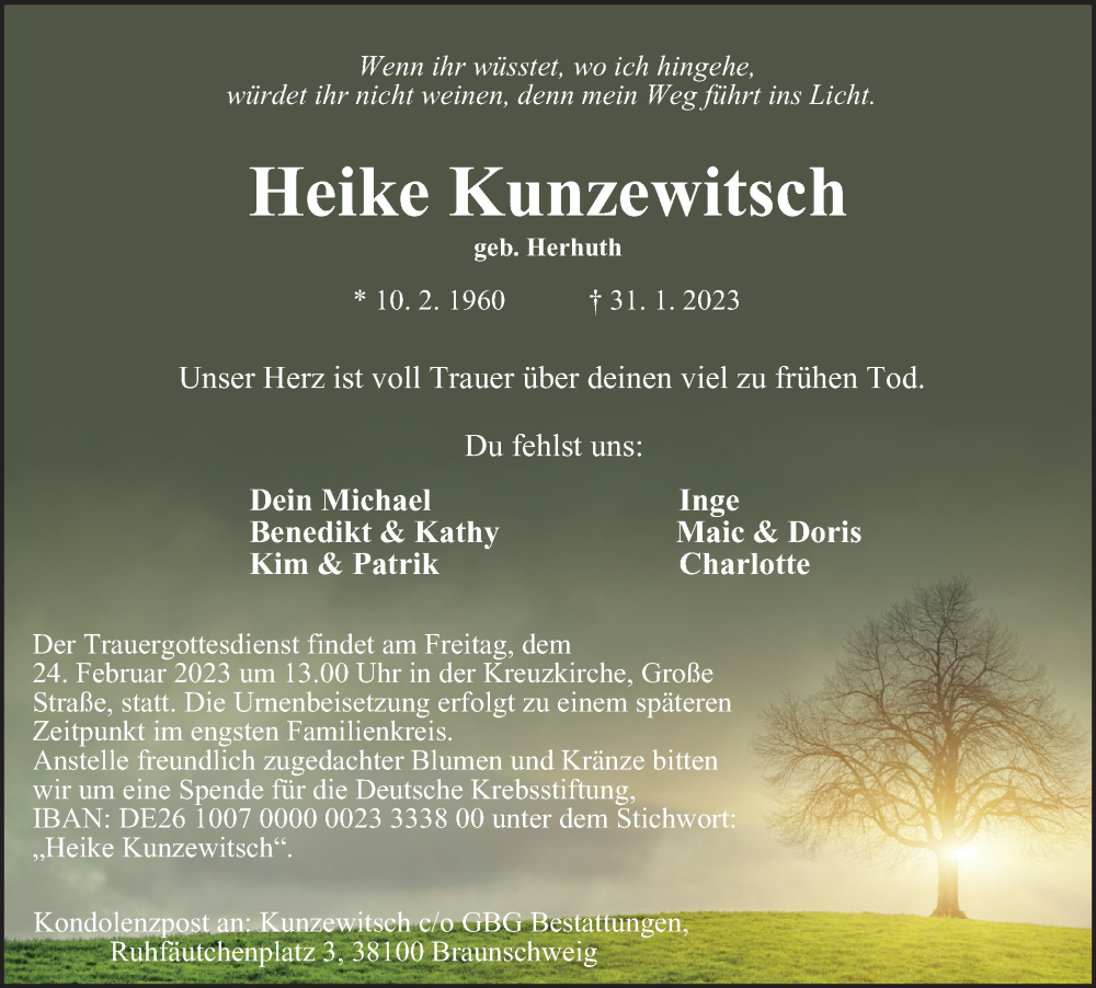  Traueranzeige für Heike Kunzewitsch vom 18.02.2023 aus Braunschweiger Zeitung