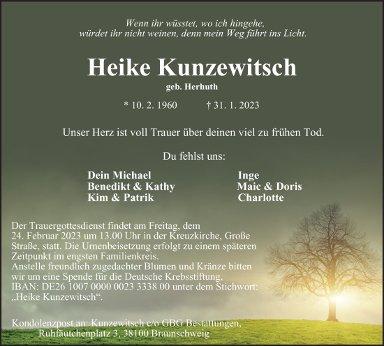 Traueranzeige von Heike Kunzewitsch von Braunschweiger Zeitung