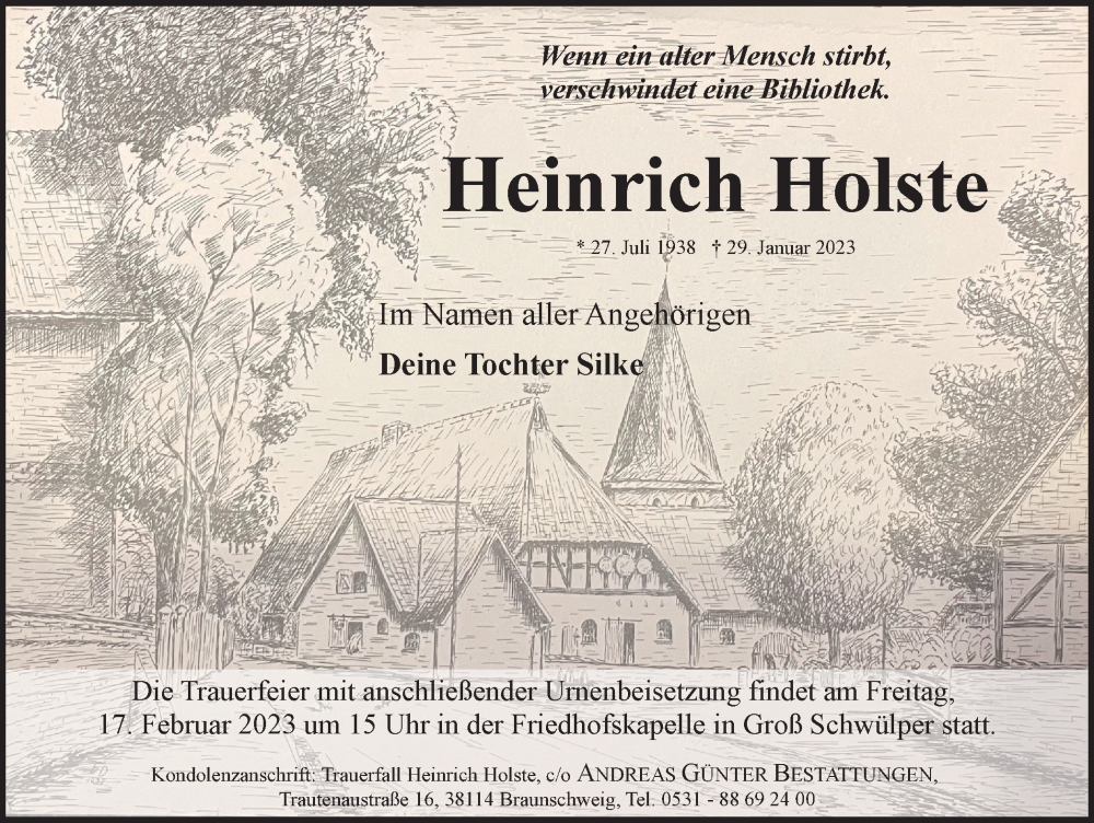  Traueranzeige für Heinrich Holste vom 04.02.2023 aus Braunschweiger Zeitung