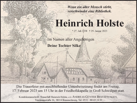 Traueranzeige von Heinrich Holste von Braunschweiger Zeitung